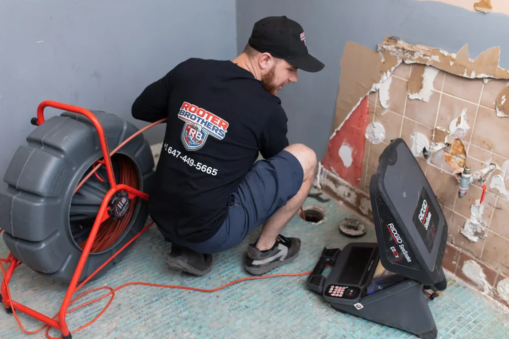 Plumber performing drain cleaning